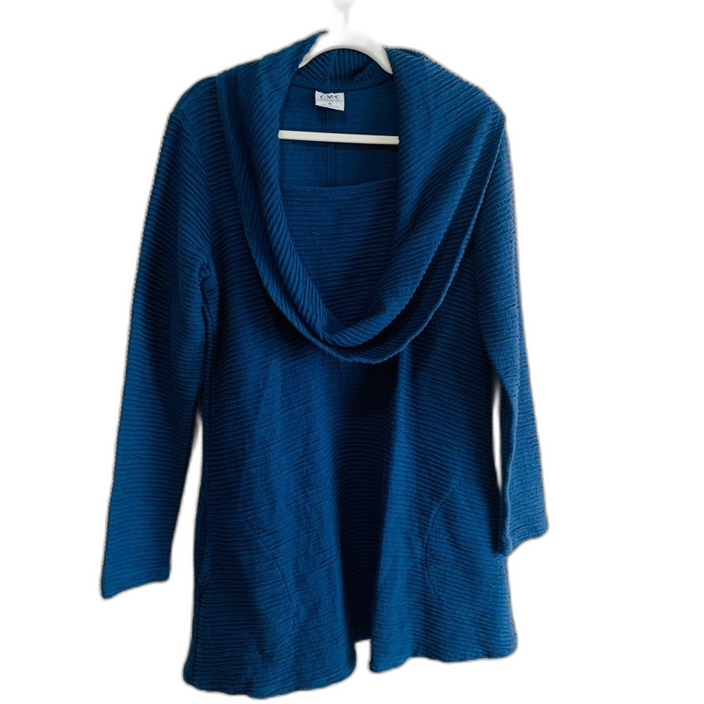 CMC Color Me Cotton Blue Ribbed cowl neck tunic top size medium